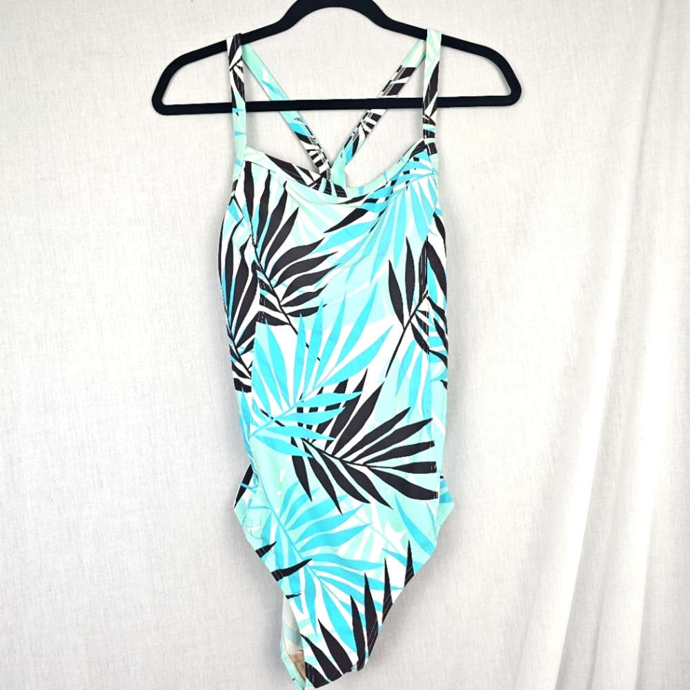 LL Bean One Piece Swimsuit Teal Brown White Palms Women's Size 16W‎